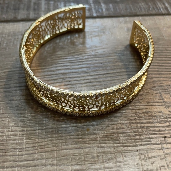 Gold Camellia Flower Rhinestone Cuff Bracelet - Picture 6 of 12